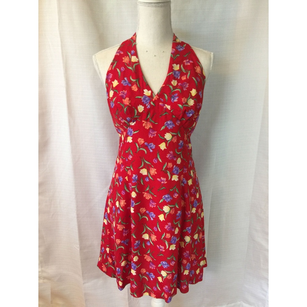 Red floral Backless Halter Neck Sundress